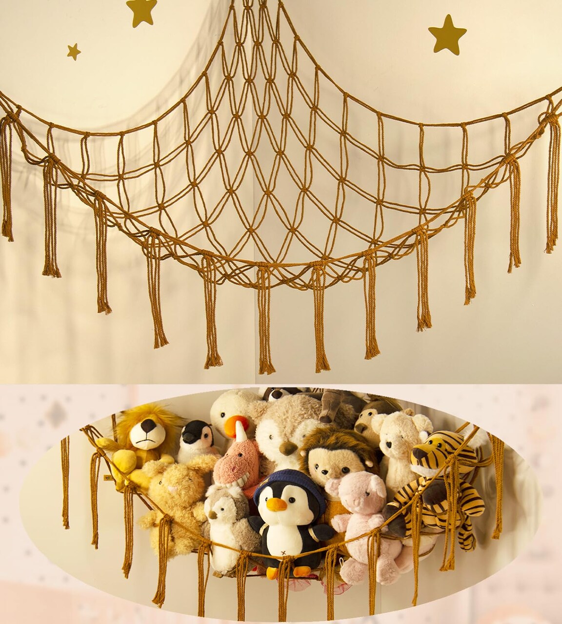 Stuffed Animal Hammock-Large Stuffed Animal Net For Toys Corner-Hanging Stuff Animal Toy Storage Organizer For Plush Plushie Display Caramel Toy Storage Girl Room Bedroom Boho Nursery Decor